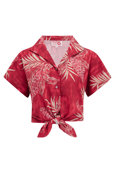 Tuck in or Tie Up "Maria" Blouse in Ruby Palm Print, Authentic 1950s Style - True and authentic vintage style clothing, inspired by the Classic styles of CC41 , WW2 and the fun 1950s RocknRoll era, for everyday wear plus events like Goodwood Revival, Twinwood Festival and Viva Las Vegas Rockabilly Weekend Rock n Romance Rock n Romance