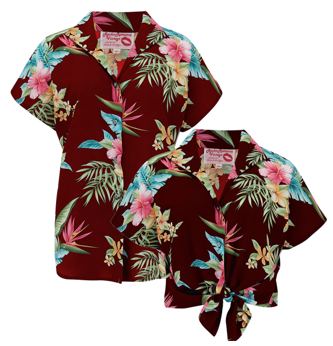 Tuck in or Tie Up "Maria" Blouse in Wine Honolulu Print, Authentic 1950s - True and authentic vintage style clothing, inspired by the Classic styles of CC41 , WW2 and the fun 1950s RocknRoll era, for everyday wear plus events like Goodwood Revival, Twinwood Festival and Viva Las Vegas Rockabilly Weekend Rock n Romance Rock n Romance