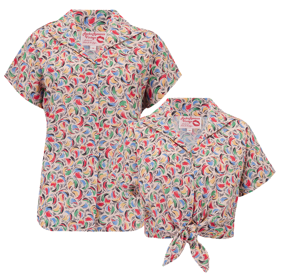 Tuck in or Tie Up "Maria" Blouse in Tutti Frutti Print , True Authentic 1950s Style - True and authentic vintage style clothing, inspired by the Classic styles of CC41 , WW2 and the fun 1950s RocknRoll era, for everyday wear plus events like Goodwood Revival, Twinwood Festival and Viva Las Vegas Rockabilly Weekend Rock n Romance Rock n Romance