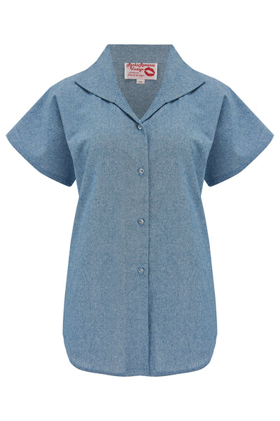Tuck in or Tie Up "Maria" Blouse in Lightweight Blue Denim, Cotton Chambray, Authentic 1950s - True and authentic vintage style clothing, inspired by the Classic styles of CC41 , WW2 and the fun 1950s RocknRoll era, for everyday wear plus events like Goodwood Revival, Twinwood Festival and Viva Las Vegas Rockabilly Weekend Rock n Romance Rock n Romance