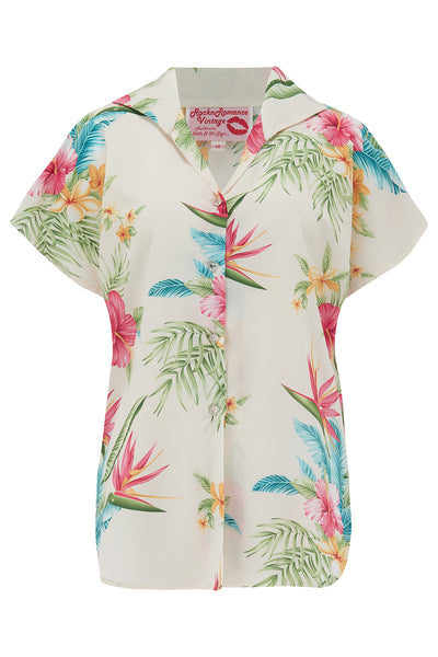 Tuck in or Tie Up "Maria" Blouse in Natural Honolulu Print, Authentic 1950s - True and authentic vintage style clothing, inspired by the Classic styles of CC41 , WW2 and the fun 1950s RocknRoll era, for everyday wear plus events like Goodwood Revival, Twinwood Festival and Viva Las Vegas Rockabilly Weekend Rock n Romance Rock n Romance