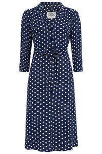 Milly dress in Navy Polka , A Classic 1940s Inspired Day dress, True Vintage Style - True and authentic vintage style clothing, inspired by the Classic styles of CC41 , WW2 and the fun 1950s RocknRoll era, for everyday wear plus events like Goodwood Revival, Twinwood Festival and Viva Las Vegas Rockabilly Weekend Rock n Romance The Seamstress of Bloomsbury