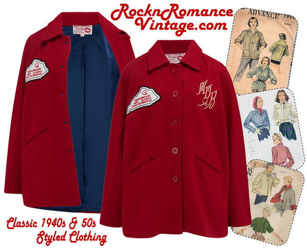 The "1954 Mob Jacket" in Classic Red, 100% Wool, Authentic Vintage Style - True and authentic vintage style clothing, inspired by the Classic styles of CC41 , WW2 and the fun 1950s RocknRoll era, for everyday wear plus events like Goodwood Revival, Twinwood Festival and Viva Las Vegas Rockabilly Weekend Rock n Romance Rock n Romance