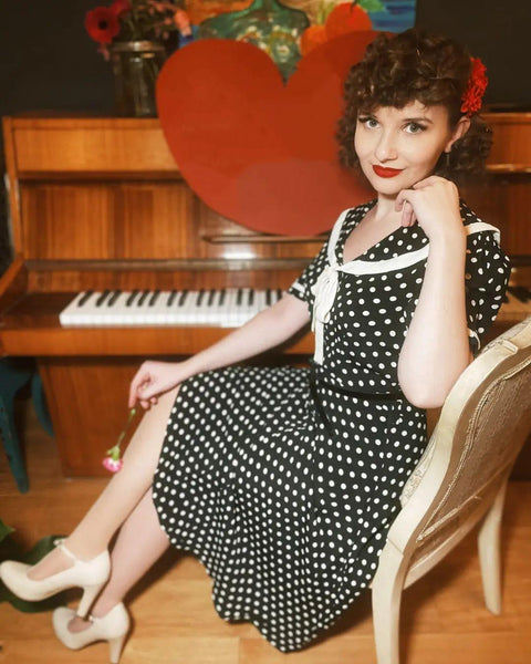 Patti Dress In 1940s Black With White Polka dot And Contrast Collar, Authentic true vintage style - CC41, Goodwood Revival, Twinwood Festival, Viva Las Vegas Rockabilly Weekend Rock n Romance The Seamstress Of Bloomsbury