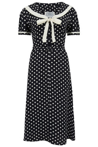 Patti Dress In 1940s Black With White Polka dot And Contrast Collar, Authentic true vintage style - True and authentic vintage style clothing, inspired by the Classic styles of CC41 , WW2 and the fun 1950s RocknRoll era, for everyday wear plus events like Goodwood Revival, Twinwood Festival and Viva Las Vegas Rockabilly Weekend Rock n Romance The Seamstress Of Bloomsbury
