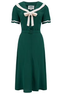 Patti Dress In 1940s Solid Green With Contrast Collar, Authentic true vintage style - CC41, Goodwood Revival, Twinwood Festival, Viva Las Vegas Rockabilly Weekend Rock n Romance The Seamstress Of Bloomsbury