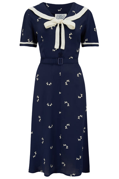 Patti Dress In 1940s Navy Doggy Print , Authentic true vintage style - True and authentic vintage style clothing, inspired by the Classic styles of CC41 , WW2 and the fun 1950s RocknRoll era, for everyday wear plus events like Goodwood Revival, Twinwood Festival and Viva Las Vegas Rockabilly Weekend Rock n Romance The Seamstress Of Bloomsbury