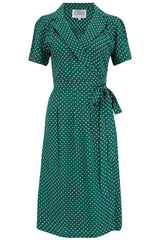 Peggy Wrap Dress In Green Ditzy Dot , Classic 1940s True Vintage Style