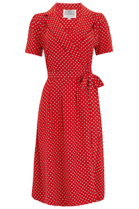 "Peggy Wrap Dress In Red Ditzy Dot , Classic 1940s True Vintage Style - CC41, Goodwood Revival, Twinwood Festival, Viva Las Vegas Rockabilly Weekend Rock n Romance The Seamstress of Bloomsbury