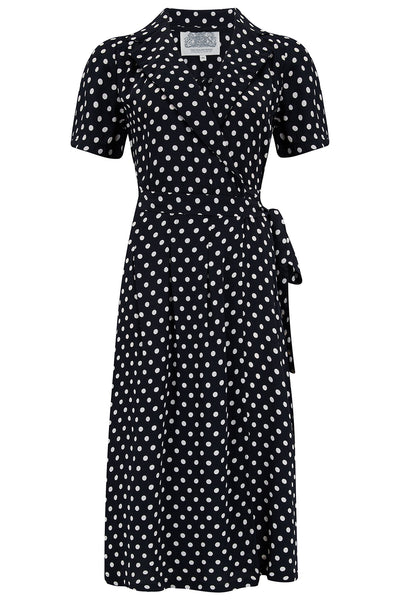 "Peggy Wrap Dress In Black With White Polkadot , Classic 1940s True Vintage Style - True and authentic vintage style clothing, inspired by the Classic styles of CC41 , WW2 and the fun 1950s RocknRoll era, for everyday wear plus events like Goodwood Revival, Twinwood Festival and Viva Las Vegas Rockabilly Weekend Rock n Romance The Seamstress of Bloomsbury