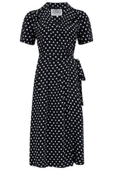 "Robe portefeuille Peggy en noir à pois blancs, véritable style vintage classique des années 1940