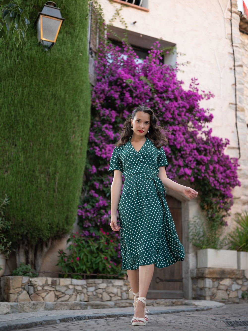Peggy Wrap Dress Green Polka Dot, Classic 1940s True Vintage Style 16 Peggy Wrap Dress Green Polka Dot, Classic 1940s True Vintage Style 16