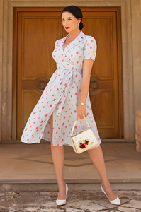 "Peggy" Wrap Dress in Blue with Rose Print, Classic 1940s Vintage Style - True vintage clothing outfit styles for Goodwood Revival and Viva Las Vegas Rockabilly Weekend Rock n Romance The Seamstress of Bloomsbury