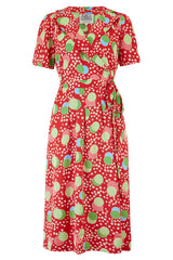 "Peggy" Wrap Dress in Atomic Satin Print, Classic 1940s Vintage Style