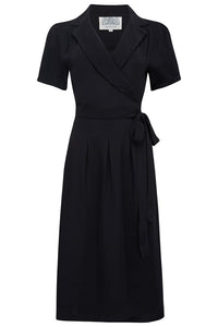 "Peggy Wrap Dress Solid Black , Classic 1940s True Vintage Style - True and authentic vintage style clothing, inspired by the Classic styles of CC41 , WW2 and the fun 1950s RocknRoll era, for everyday wear plus events like Goodwood Revival, Twinwood Festival and Viva Las Vegas Rockabilly Weekend Rock n Romance The Seamstress of Bloomsbury