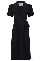"Peggy Wrap Dress Solid Black  , Classic 1940s True Vintage Style