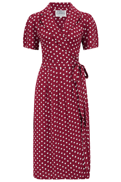 "Peggy Wrap Dress In Wine With White Polkadot , Classic 1940s True Vintage Style - True and authentic vintage style clothing, inspired by the Classic styles of CC41 , WW2 and the fun 1950s RocknRoll era, for everyday wear plus events like Goodwood Revival, Twinwood Festival and Viva Las Vegas Rockabilly Weekend Rock n Romance The Seamstress of Bloomsbury