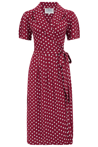 "Peggy Wrap Dress In Wine With White Polkadot , Classic 1940s True Vintage Style - CC41, Goodwood Revival, Twinwood Festival, Viva Las Vegas Rockabilly Weekend Rock n Romance The Seamstress of Bloomsbury