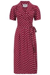 "Robe portefeuille Peggy en vin à pois blancs, véritable style vintage classique des années 1940