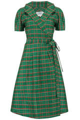 Robe portefeuille « Peggy » en tartan de taffetas vert, style vintage classique des années 1940