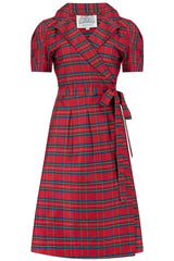 "Peggy" Wrap Dress in Red Taffeta Tartan, Classic 1940s Vintage Style
