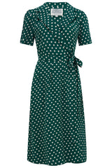 "Peggy Wrap Dress Green Polka , Classic 1940s True Vintage Style