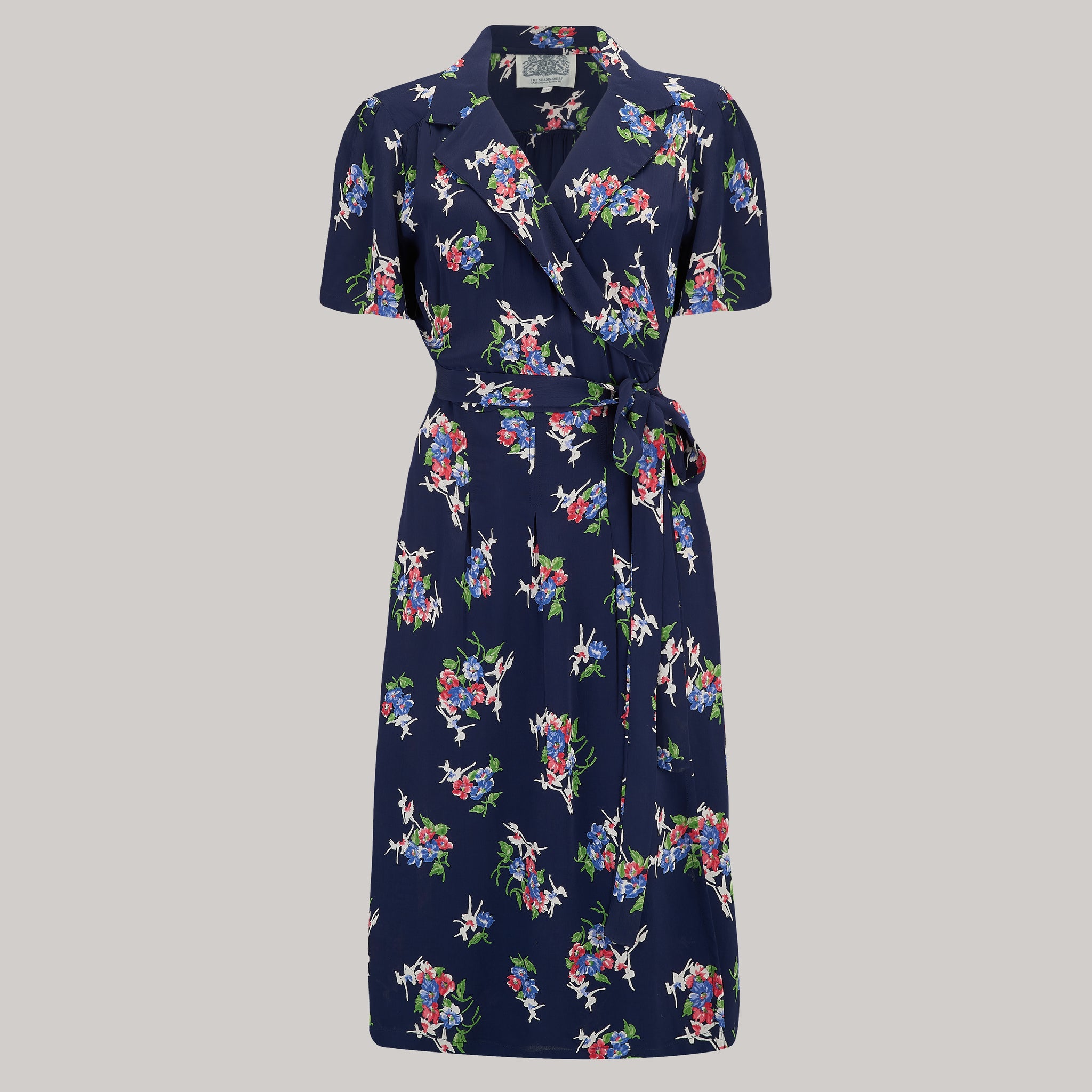 "Peggy" Wrap Dress in Navy Floral Dancer Print, Classic 1940s True Vintage Inspired - True and authentic vintage style clothing, inspired by the Classic styles of CC41 , WW2 and the fun 1950s RocknRoll era, for everyday wear plus events like Goodwood Revival, Twinwood Festival and Viva Las Vegas Rockabilly Weekend Rock n Romance The Seamstress of Bloomsbury