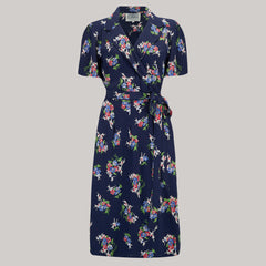 "Peggy" Wrap Dress in Navy Floral Dancer Print, Classic 1940s True Vintage Inspired