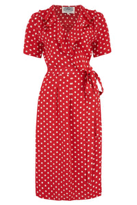 "Peggy Ruffle" Wrap Dress In Red with white Polka dot, Classic 1940s True Vintage Style - True and authentic vintage style clothing, inspired by the Classic styles of CC41 , WW2 and the fun 1950s RocknRoll era, for everyday wear plus events like Goodwood Revival, Twinwood Festival and Viva Las Vegas Rockabilly Weekend Rock n Romance The Seamstress of Bloomsbury