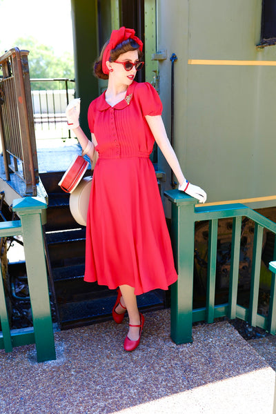 "Dorothy" Swing Dress in Pilliar Box Red, A Classic 1940s Inspired Vintage Style - True and authentic vintage style clothing, inspired by the Classic styles of CC41 , WW2 and the fun 1950s RocknRoll era, for everyday wear plus events like Goodwood Revival, Twinwood Festival and Viva Las Vegas Rockabilly Weekend Rock n Romance The Seamstress Of Bloomsbury