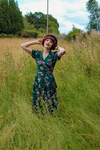 "Peggy Wrap Dress Green Mayflower Print , Classic 1940s True Vintage Style - True and authentic vintage style clothing, inspired by the Classic styles of CC41 , WW2 and the fun 1950s RocknRoll era, for everyday wear plus events like Goodwood Revival, Twinwood Festival and Viva Las Vegas Rockabilly Weekend Rock n Romance The Seamstress of Bloomsbury