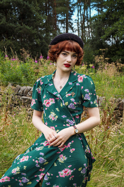 "Peggy Wrap Dress Green Mayflower Print , Classic 1940s True Vintage Style - True and authentic vintage style clothing, inspired by the Classic styles of CC41 , WW2 and the fun 1950s RocknRoll era, for everyday wear plus events like Goodwood Revival, Twinwood Festival and Viva Las Vegas Rockabilly Weekend Rock n Romance The Seamstress of Bloomsbury