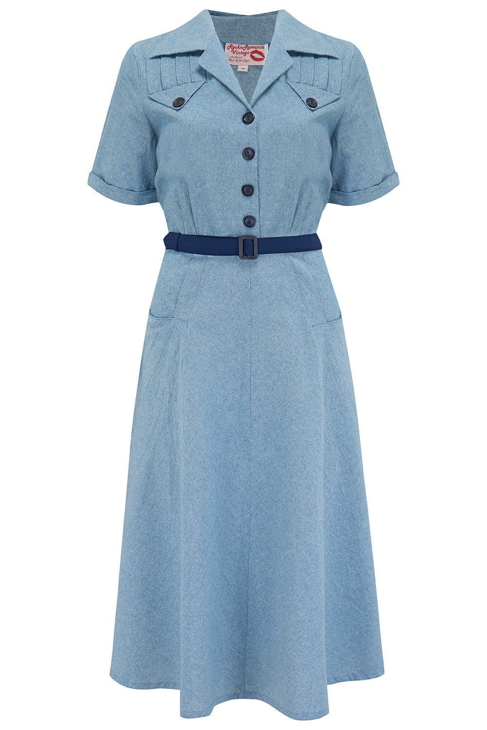 The "Polly" Dress in Lightweight Denim Cotton Chambray, True & Authentic 1950s Vintage Style - True and authentic vintage style clothing, inspired by the Classic styles of CC41 , WW2 and the fun 1950s RocknRoll era, for everyday wear plus events like Goodwood Revival, Twinwood Festival and Viva Las Vegas Rockabilly Weekend Rock n Romance Rock n Romance