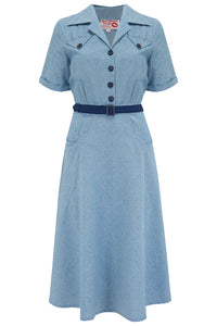 The "Polly" Dress in Lightweight Denim Cotton Chambray, True & Authentic 1950s Vintage Style - True and authentic vintage style clothing, inspired by the Classic styles of CC41 , WW2 and the fun 1950s RocknRoll era, for everyday wear plus events like Goodwood Revival, Twinwood Festival and Viva Las Vegas Rockabilly Weekend Rock n Romance Rock n Romance