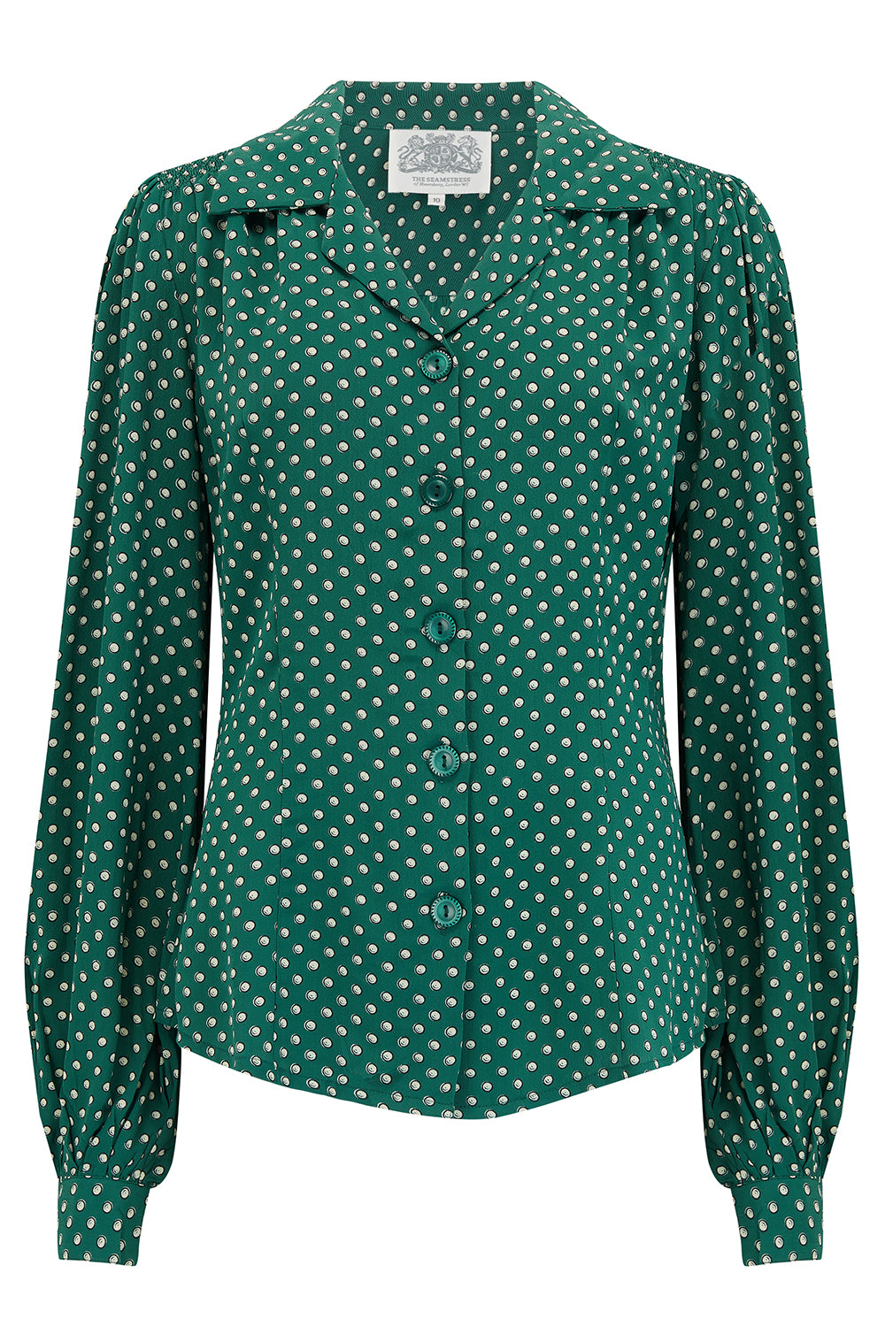 Poppy Long Sleeve Blouse in Green Ditzy Dot , Authentic & Classic 1940s Vintage Style - True and authentic vintage style clothing, inspired by the Classic styles of CC41 , WW2 and the fun 1950s RocknRoll era, for everyday wear plus events like Goodwood Revival, Twinwood Festival and Viva Las Vegas Rockabilly Weekend Rock n Romance The Seamstress Of Bloomsbury