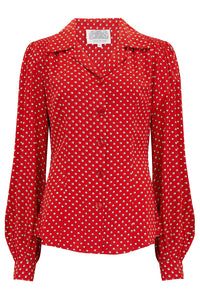 Poppy Long Sleeve Blouse in Red Ditzy Dot , Authentic & Classic 1940s Vintage Style - True and authentic vintage style clothing, inspired by the Classic styles of CC41 , WW2 and the fun 1950s RocknRoll era, for everyday wear plus events like Goodwood Revival, Twinwood Festival and Viva Las Vegas Rockabilly Weekend Rock n Romance The Seamstress Of Bloomsbury