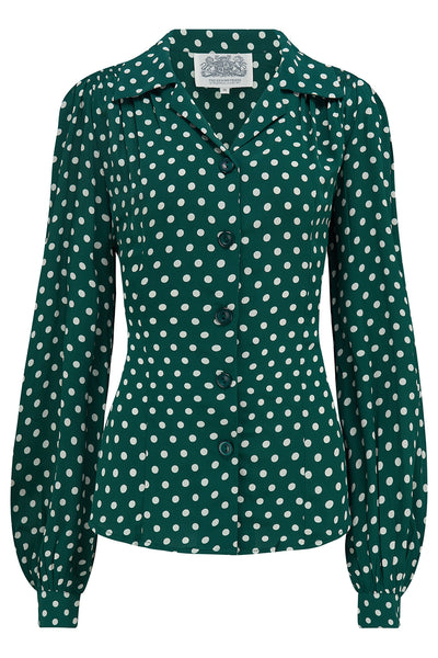 Poppy Long Sleeve Blouse in Green Polka , Authentic & Classic 1940s Vintage Style - True and authentic vintage style clothing, inspired by the Classic styles of CC41 , WW2 and the fun 1950s RocknRoll era, for everyday wear plus events like Goodwood Revival, Twinwood Festival and Viva Las Vegas Rockabilly Weekend Rock n Romance The Seamstress Of Bloomsbury