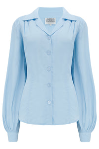 Poppy Long Sleeve Blouse in Powder Blue , Authentic & Classic 1940s Vintage Style - True and authentic vintage style clothing, inspired by the Classic styles of CC41 , WW2 and the fun 1950s RocknRoll era, for everyday wear plus events like Goodwood Revival, Twinwood Festival and Viva Las Vegas Rockabilly Weekend Rock n Romance The Seamstress Of Bloomsbury
