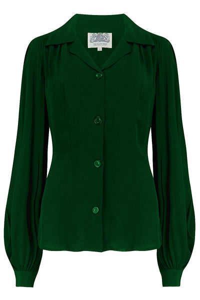 Poppy Long Sleeve Blouse in Green, Authentic & Classic 1940s Vintage Style - True and authentic vintage style clothing, inspired by the Classic styles of CC41 , WW2 and the fun 1950s RocknRoll era, for everyday wear plus events like Goodwood Revival, Twinwood Festival and Viva Las Vegas Rockabilly Weekend Rock n Romance The Seamstress Of Bloomsbury