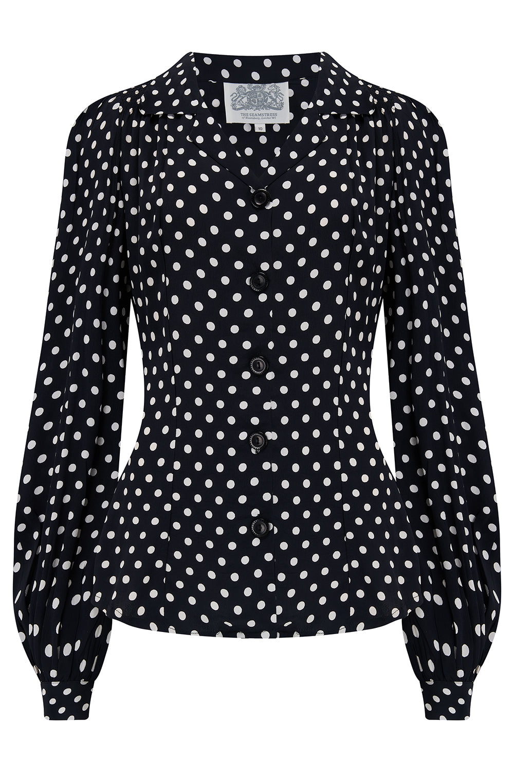 Poppy Long Sleeve Blouse in Black Polka Dot , Authentic & Classic 1940s Vintage Style - True and authentic vintage style clothing, inspired by the Classic styles of CC41 , WW2 and the fun 1950s RocknRoll era, for everyday wear plus events like Goodwood Revival, Twinwood Festival and Viva Las Vegas Rockabilly Weekend Rock n Romance The Seamstress Of Bloomsbury