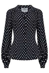 Poppy Long Sleeve Blouse in Black Polka Dot , Authentic & Classic 1940s Vintage Style - True and authentic vintage style clothing, inspired by the Classic styles of CC41 , WW2 and the fun 1950s RocknRoll era, for everyday wear plus events like Goodwood Revival, Twinwood Festival and Viva Las Vegas Rockabilly Weekend Rock n Romance The Seamstress Of Bloomsbury