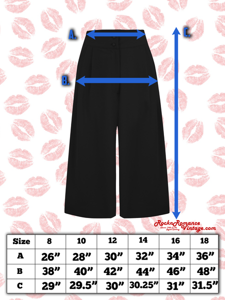 The "Sophia" Palazzo Culottes in Solid Black, Classic & Easy To Wear Vintage Inspired Style - True and authentic vintage style clothing, inspired by the Classic styles of CC41 , WW2 and the fun 1950s RocknRoll era, for everyday wear plus events like Goodwood Revival, Twinwood Festival and Viva Las Vegas Rockabilly Weekend Rock n Romance Rock n Romance