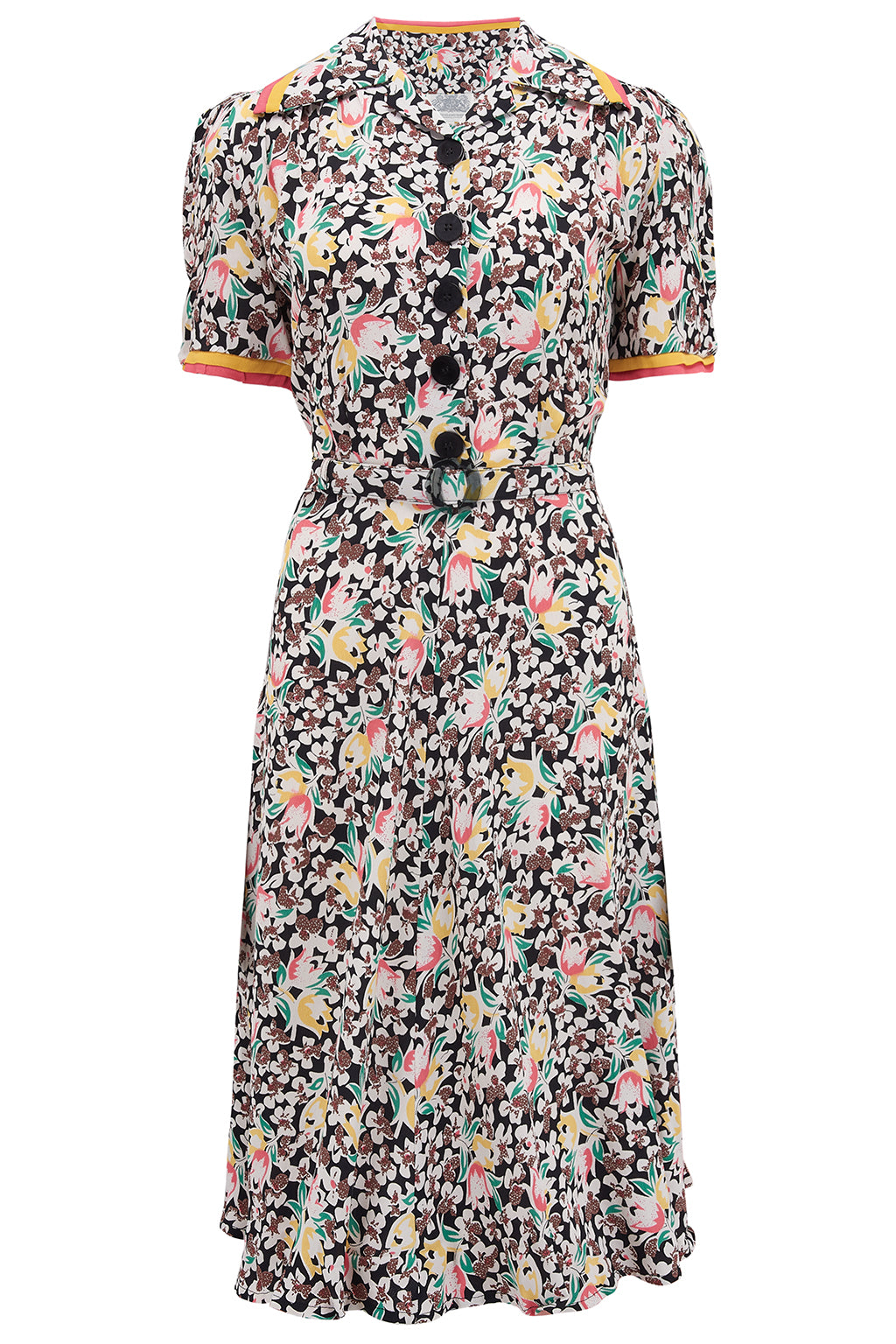 "Roma" Dress in Tulip Print, Authentic & Classic 1940's Vintage Inspired Style - True and authentic vintage style clothing, inspired by the Classic styles of CC41 , WW2 and the fun 1950s RocknRoll era, for everyday wear plus events like Goodwood Revival, Twinwood Festival and Viva Las Vegas Rockabilly Weekend Rock n Romance The Seamstress Of Bloomsbury