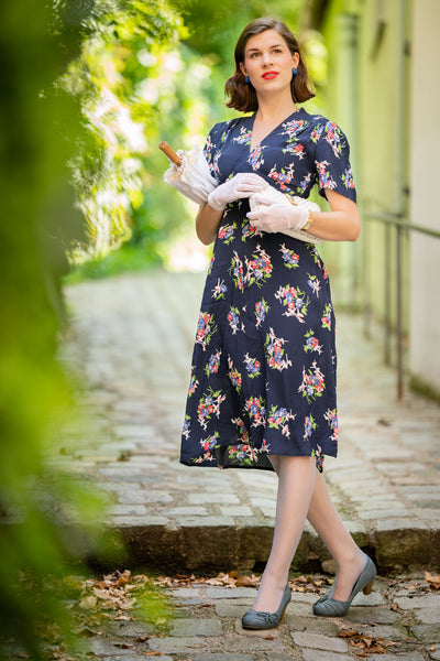 "Dolores" Swing Dress in Navy Floral Dancer, A Classic 1940s Inspired Vintage Style - CC41, Goodwood Revival, Twinwood Festival, Viva Las Vegas Rockabilly Weekend Rock n Romance The Seamstress Of Bloomsbury