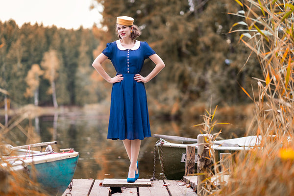 "Dorothy" Dress in Navy with Contrast Collar, Classic 1940s Vintage Style - CC41, Goodwood Revival, Twinwood Festival, Viva Las Vegas Rockabilly Weekend Rock n Romance The Seamstress Of Bloomsbury