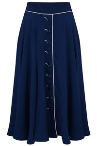 "Rita" Swing Skirt in Navy with Ivory Detailing, Classic 1940s Style - True and authentic vintage style clothing, inspired by the Classic styles of CC41 , WW2 and the fun 1950s RocknRoll era, for everyday wear plus events like Goodwood Revival, Twinwood Festival and Viva Las Vegas Rockabilly Weekend Rock n Romance The Seamstress of Bloomsbury