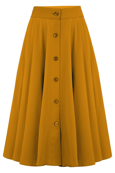 The "Beverly" Button Front Full Circle Skirt with Pockets in Solid Mustard, True 1950s Vintage Style - True and authentic vintage style clothing, inspired by the Classic styles of CC41 , WW2 and the fun 1950s RocknRoll era, for everyday wear plus events like Goodwood Revival, Twinwood Festival and Viva Las Vegas Rockabilly Weekend Rock n Romance Rock n Romance