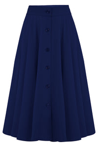 The "Beverly" Button Front Full Circle Skirt with Pockets in Solid Navy, Authentic 1950s Vintage Style - True and authentic vintage style clothing, inspired by the Classic styles of CC41 , WW2 and the fun 1950s RocknRoll era, for everyday wear plus events like Goodwood Revival, Twinwood Festival and Viva Las Vegas Rockabilly Weekend Rock n Romance Rock n Romance