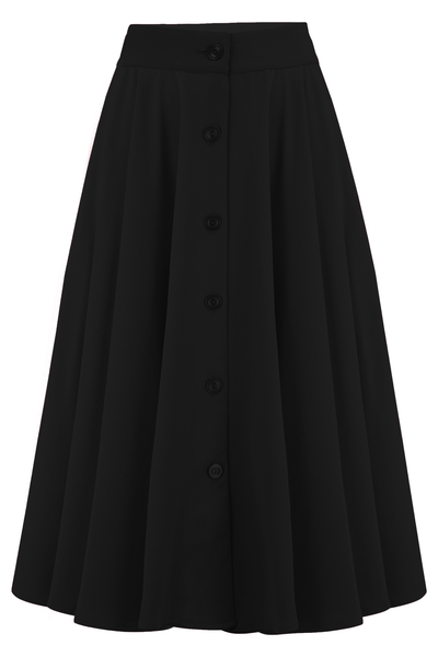 The "Beverly" Button Front Full Circle Skirt with Pockets in Solid Black, Authentic 1950s Vintage Style - True and authentic vintage style clothing, inspired by the Classic styles of CC41 , WW2 and the fun 1950s RocknRoll era, for everyday wear plus events like Goodwood Revival, Twinwood Festival and Viva Las Vegas Rockabilly Weekend Rock n Romance Rock n Romance