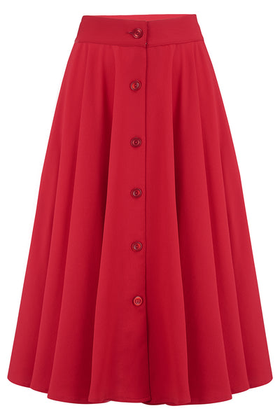 The "Beverly" Button Front Full Circle Skirt with Pockets in Solid Red, True & Authentic 1950s Vintage Style - True and authentic vintage style clothing, inspired by the Classic styles of CC41 , WW2 and the fun 1950s RocknRoll era, for everyday wear plus events like Goodwood Revival, Twinwood Festival and Viva Las Vegas Rockabilly Weekend Rock n Romance Rock n Romance